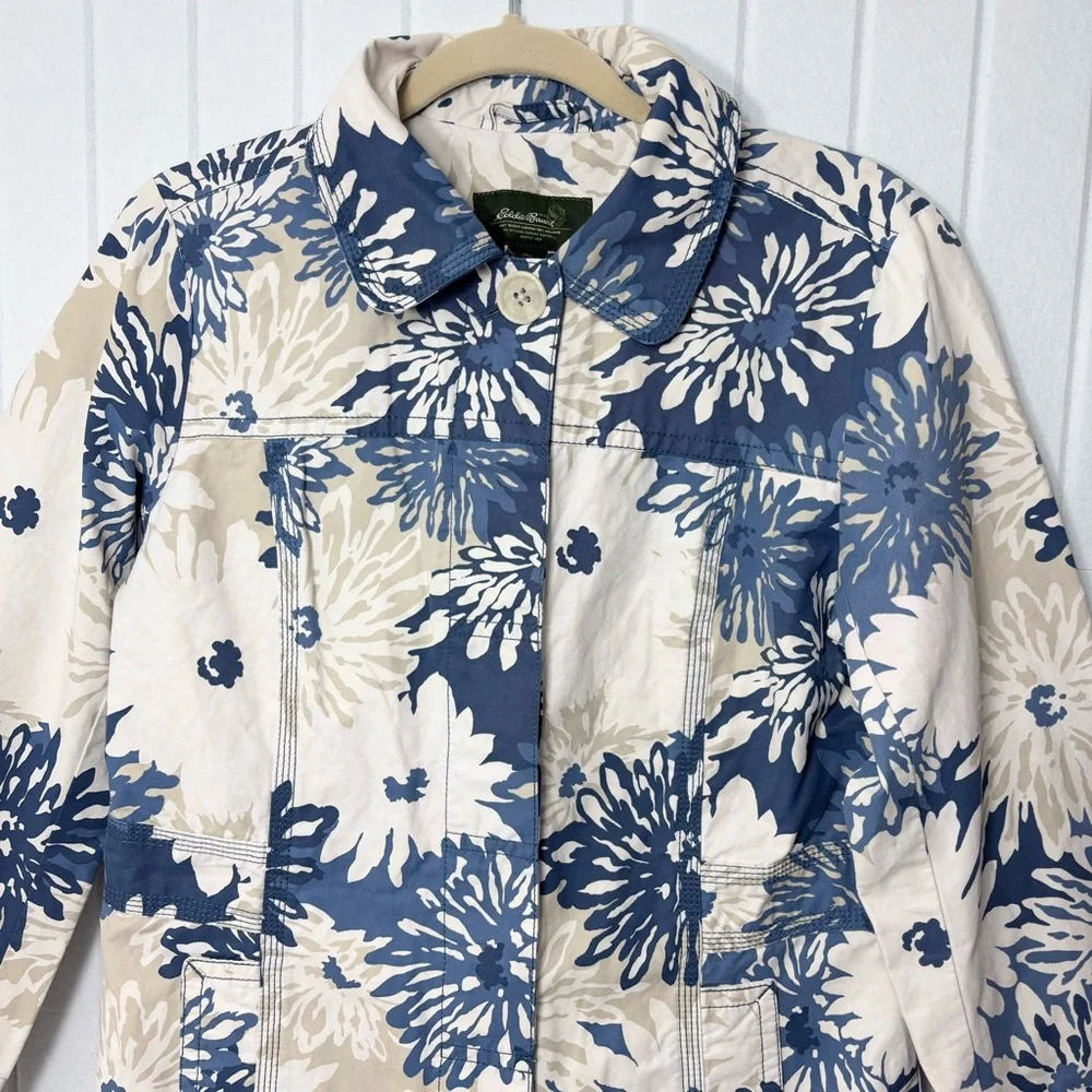 Eddie Bauer Rain Coat Floral Spring Jacket Retro Style Flowers Blue White Size S